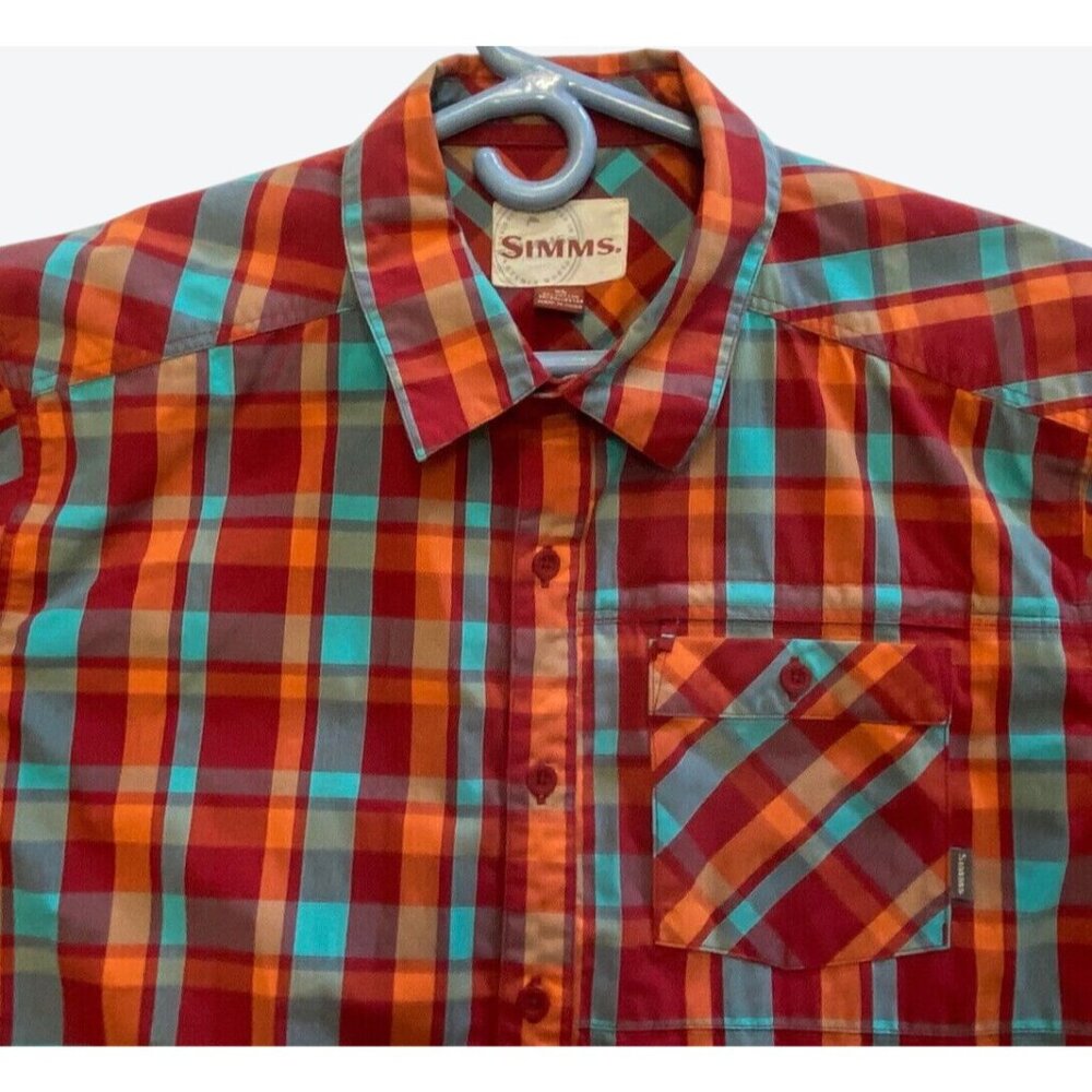 Simms Men's Extra Large Short Sleeve Plaid Fishing Red Orange Mint Green - Picture 4 of 8